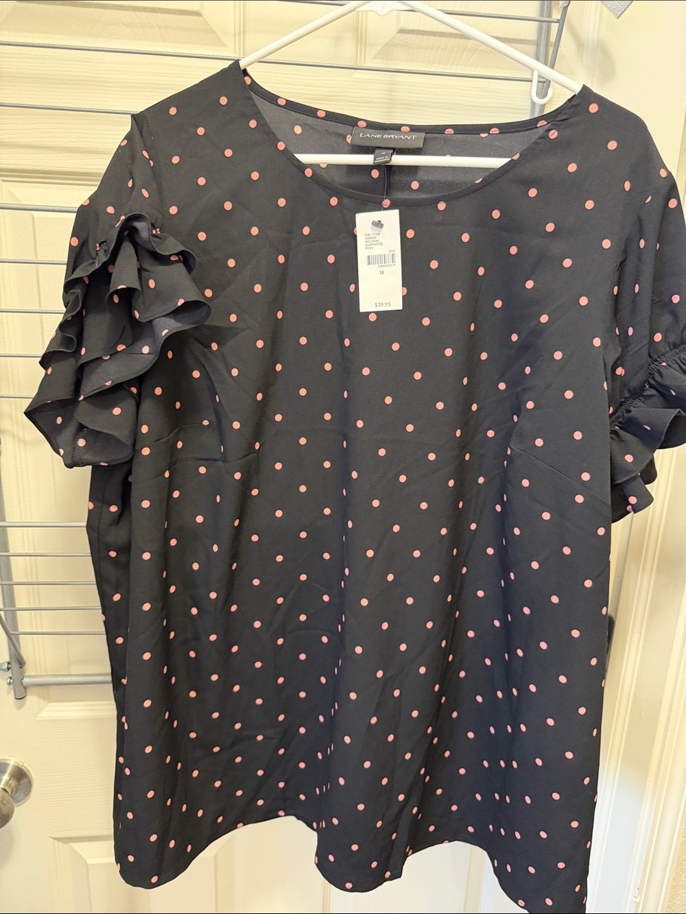 Lane Bryant Black Top with Pink Polka Dots and Ruffle Sleeves